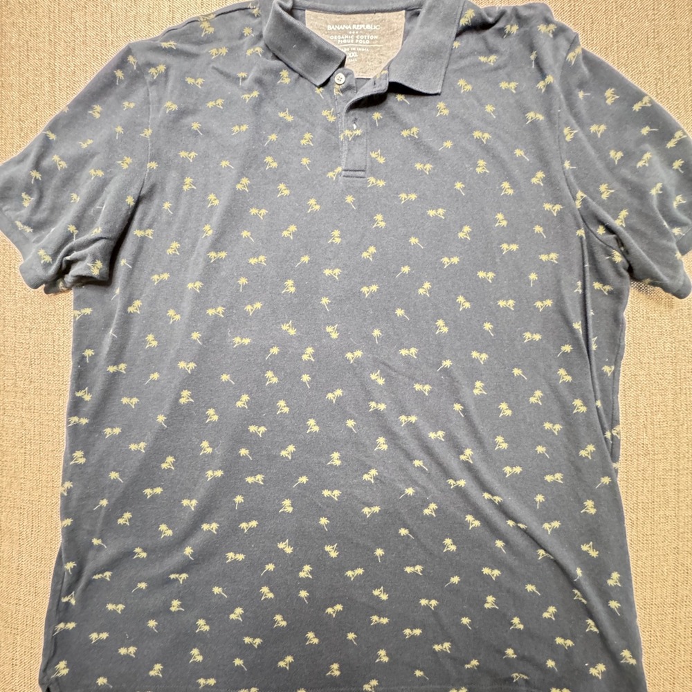Banana Republic Mens XXL Tall Organic Cotton Pique Polo Navy Palm Tree Print